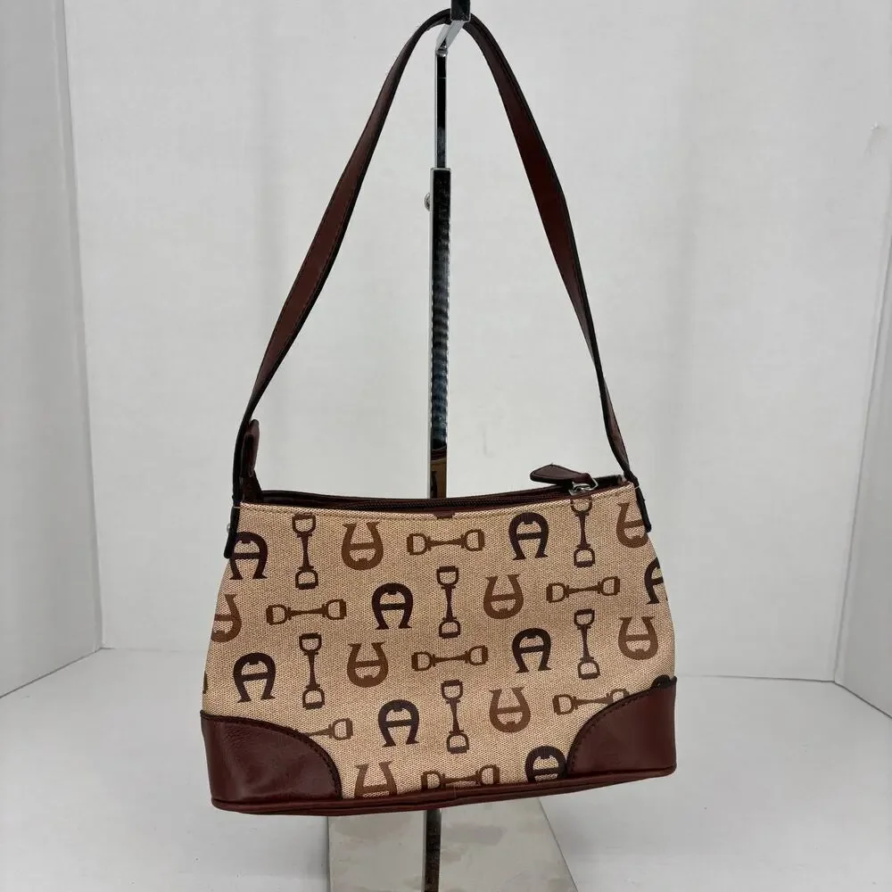 Etienne Aigner Handbag Tan Brown Canvas Leather Trim‎ Traditional Logo